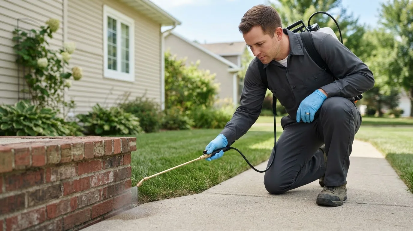 Pest control technician treating a home near Vandalia, MT